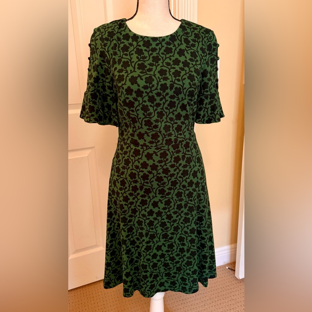 NWOT Boden Green Midi Dress with Black Floral Pattern, Sz 6P